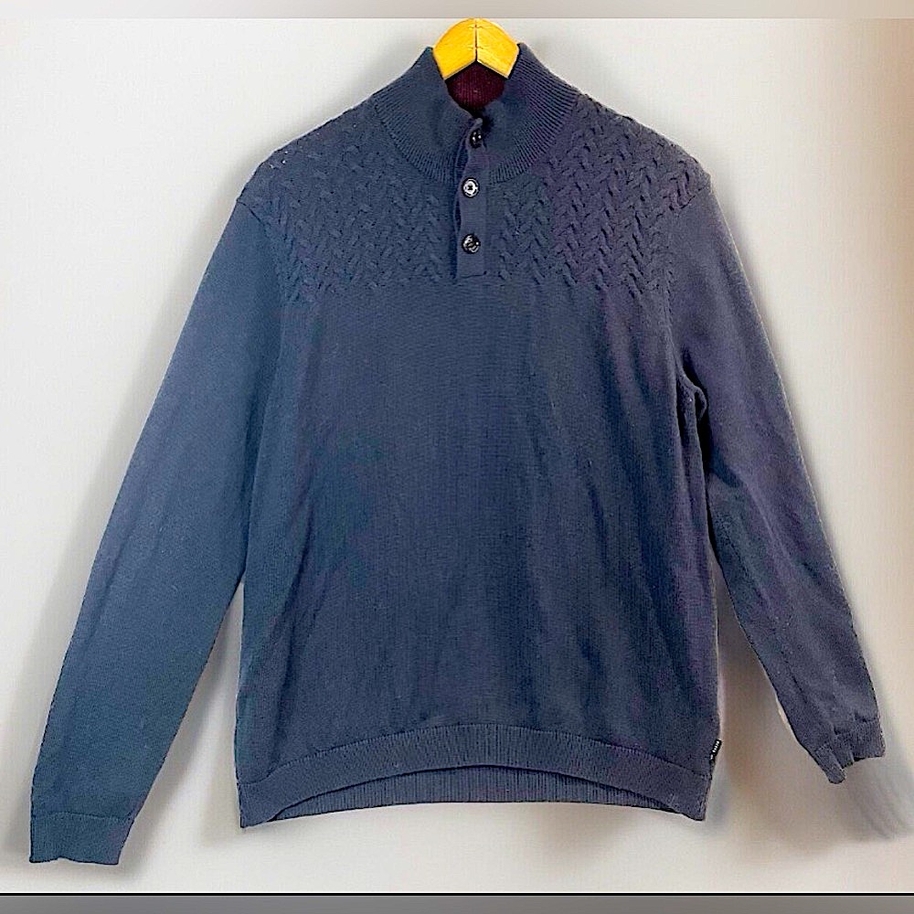Ted Baker Mens 6 2XL XXL Mock Neck Sweater Navy Blue Textured Knit Pullover